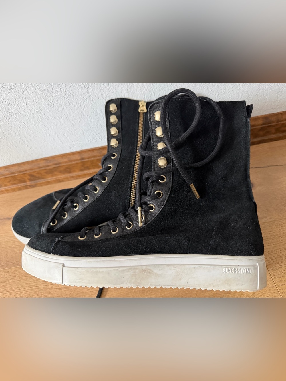 Blackstone Shearling Lined Black Suede Lace-Up High-Tops with Gold Hardware